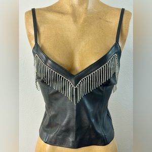 AREA 100% Genuine Leather/Crystal Chain Embellished Top, Size 2